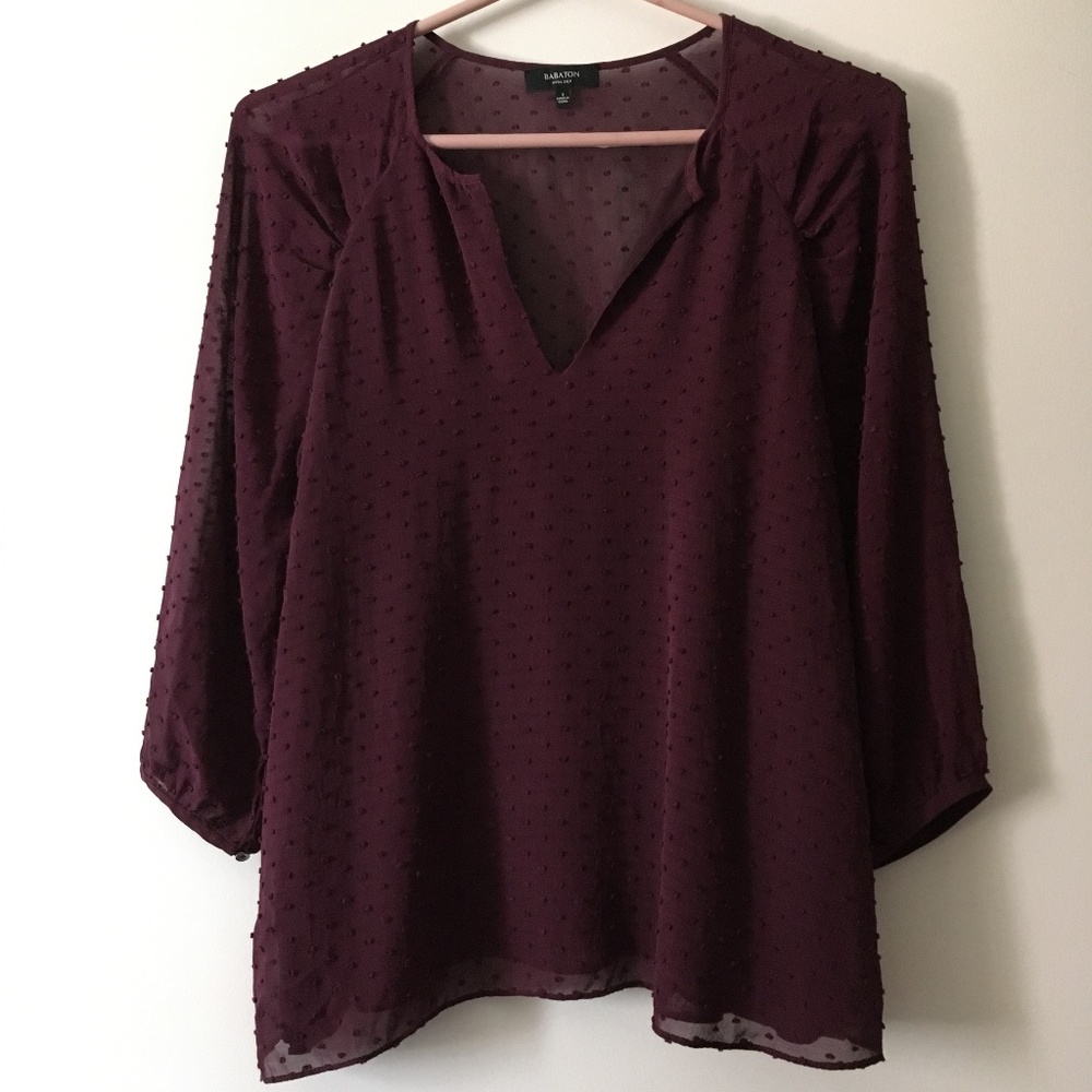 Babaton Burgundy Augustus Silk Swiss Dot Blouse S